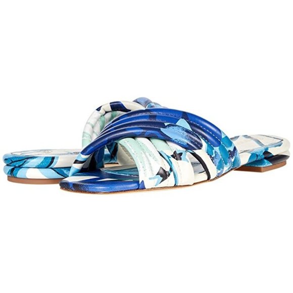 Tory Burch $278 LEATHER KIRA QUILTED FLAT SLIDE Blue Cream - Picture 2 of 10